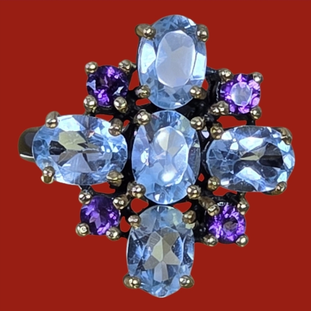 925 Sterling Silver Ring Sz 8 with Natural Topaz & Amethyst Gems